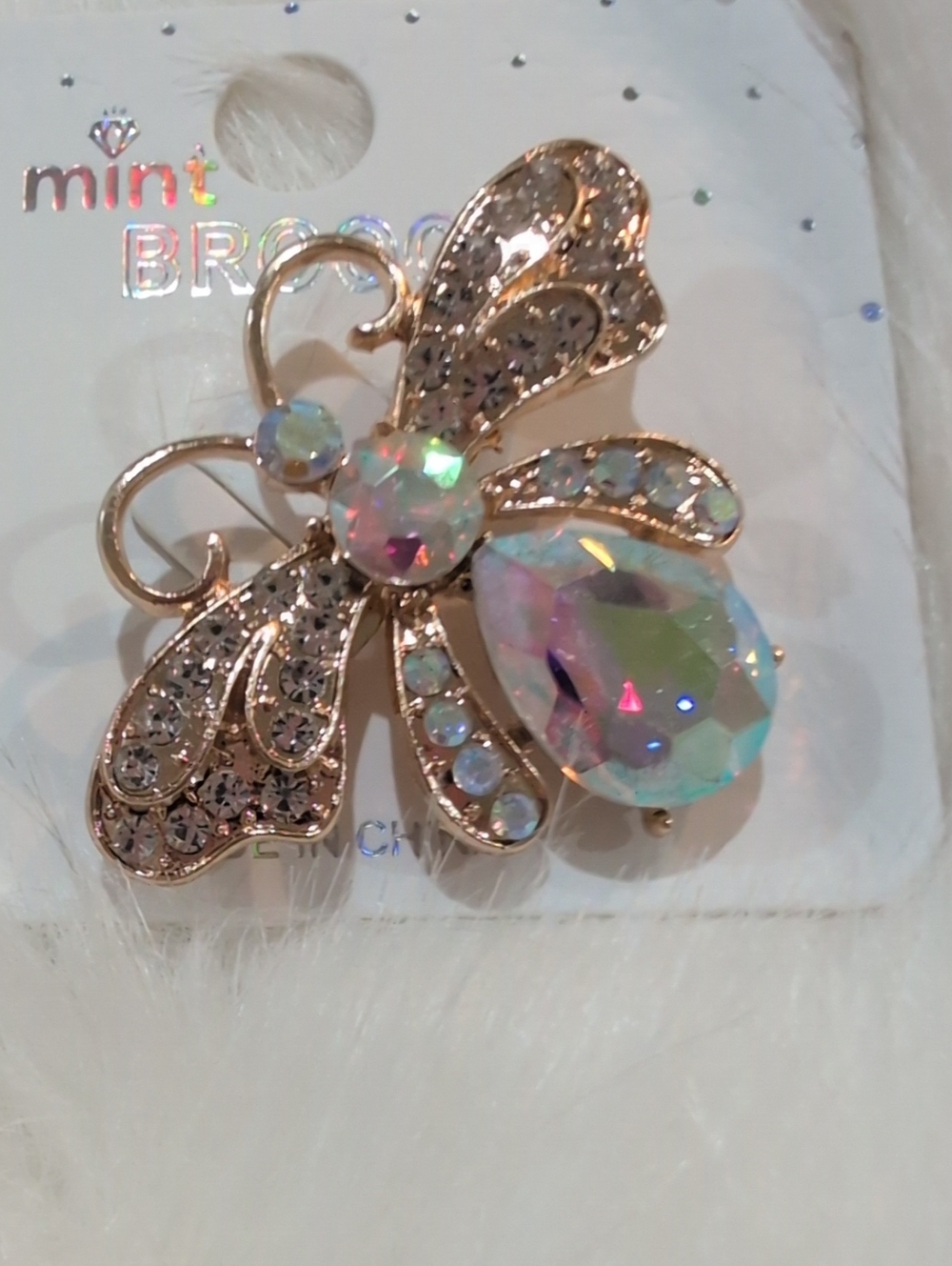 Mint Gold-Tone Aurora Iridescent Crystal Bee Brooch